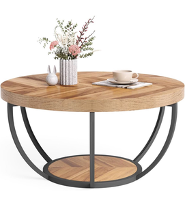 LITTLE TREE Round Coffee Table, 32" Circle Coffee Table for Living Room, 2-Tier Wood Accent Center Table with Open Storage Industrial Design Home Furniture (Wood Grain and Black)