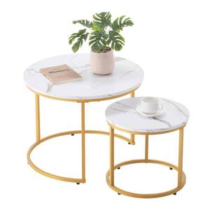 lot 20106 image: VEVOR Nesting Coffee Table Set of 2, 23.6 in Round Coffee Table, Nesting Tables for Small Place, Vintage End Side Tables Night Stand with Metal Frame, for Living Room, Bedroom, Office (White & Gold)