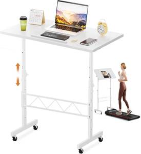 lot 20111 image: COMHOMA Small Standing Desk Adjustable Height & Tiltable Tabletop, Mobile Stand Up Desk for Laptop, Portable Computer Table for Home Office Work and Walking Pad Treadmill, Height 30.7-46.4, White