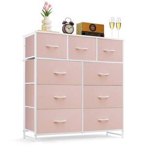 lot 20117 image: 9-Drawer Dresser for Bedroom, Anti-Tip Tall Storage Organizer Chest of Drawers with Wooden Top and Metal Frame Fabric Bins for Closet, Living Room, Hallway, Entryway, Pink