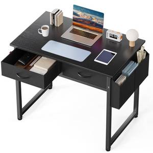 lot 20167 image: DUMOS 32 Home Office Computer Desk with Drawers, Small Gaming Writing Study Table with Storage Side Bag, Headphone Hook and Adjustable Feet for Bedroom Black