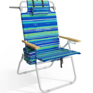 lot 16005 image: Tall Beach Chairs for Adults, 17 High Backpack Beach Chair with Wooden Armrests, 5 Positions Reclining Heavy Duty Chair with Large Cooler Pouch, Support to 350LBS Striped Blue&Green,1pack - Retail $90