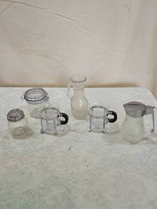 lot 55 image: Glass Kitchen Collection - Jars, Cups and Syrup Pitcher