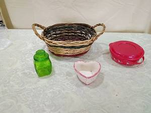 lot 87 image: Kitchen Decor Collection - Woven Basket, Green Glass Jar, Heart Dish & Red Container