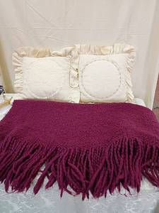 lot 94 image: Quilted Lace Ruffle Decorative Pillows with Burgundy Throw