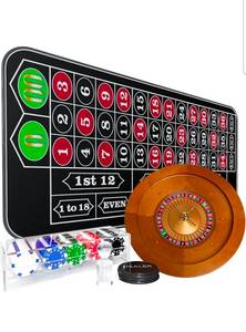 Roulette Mat Roulette Wheel Set for Adults with Rubber Roulette Table Mat 35\" x 16\" Wood Roulette Wheel 20 Inch 100 Poker Chips Set Win Mark Dealer Button-Black - Retail: $315