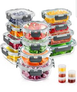 lot 15633 image: 34pcs Glass Food Storage Containers with Lids Set, Airtight Glass Meal Prep Containers (17 Containers & 17 Lids), Leak Proof Lunch Container BPA-Free, Microwave, Oven, Freezer, Dishwasher Safe-Grey - Retail $39