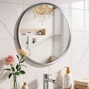 lot 15636 image: Brushed Nickel Round Bathroom Mirror for Wall, 24 inch Sliver Circle Mirror for Wall, New Frame Design, Tempered Glass,Wall Mounted Circle Mirror for Vanity, Entryway, Bedroom, Restroom - Retail $189