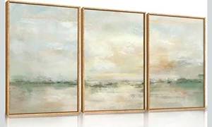 lot 15645 image: LHIUEM Large Abstract Green Gray Pastel Framed Canvas Wall Art,Neutral Landscape Wall Decor,Modern Watercolor Lake Artwork,Beige Textured Illustrations Art for Living Room,Bedroom,Office- 16x24x3 - Retail $0