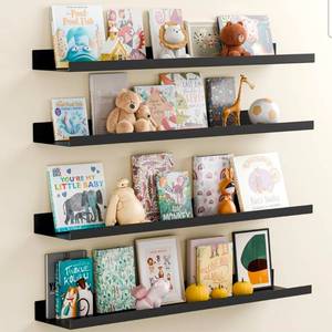 lot 15656 image: BYCY Metal Floating Shelves Set of 4,23.6inch Nursery Book Shelves for Wall Mounted,Wide Magnetic Book Display Wall Shelves for Classrooms Kitchen Bedroom Room Decor (Black) - Retail $35