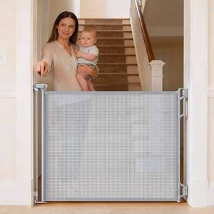 lot 15657 image: Retractable Baby Gate for Stairs & Doorways - 55 Wide Portable Safety Gate  Fits Baseboards, Easy to Use IndoorOutdoor  Mesh Gate for Dogs, Puppies, Gray - Retail $35