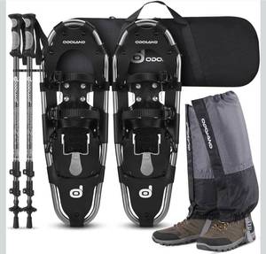 lot 15658 image: Odoland 30 Inch Snowshoes with Trekking Poles for Men Women Youth, Waterproof Snow Leg Gaiters and Carrying Bag, Lightweight Aluminum, Heel Lift, Snow Shoes Easy to Wear, Blue - Retail $119