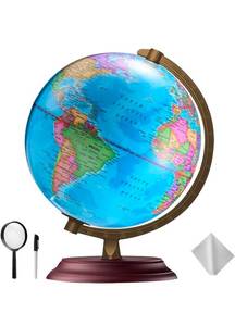 lot 15663 image: Illuminated World Globe for Kids & Adults All Ages with Wooden Stand 7 in 1- Night View Stars Map Constellation Globe with Detailed Colorful World,Built-in LED Bulb, Educational Gift - Retail $0