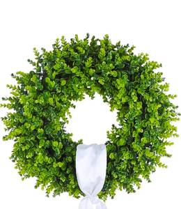 lot 15664 image: 24 Inch Boxwood Wreath for Front Door, Large Green Outdoor Wreaths Weatherproof for Windows with Ribbon - Retail $48