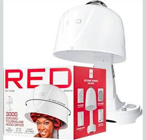 lot 15669 image: Red by Kiss 3000 Ceramic Tourmaline Professional Hood Dryer, 4 Heat Settings Blow Dryer for Home & Salon, Height Adjustable Convenient Big Hood Size Extra Coverage (1875 Wattage) - Retail $79