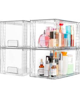 lot 15671 image: Vtopmart 4 Pack Large Stackable Storage Drawers,Easily Assemble Acrylic Bathroom Closet Undersink Organizers and Storage,Plastic Bins for Kitchen Cabinets,Pantry,Makeup,Medicine Organization - Retail $38