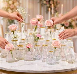 lot 15676 image: 30 Pcs Premium Clear Bud Vases with Gold Rims - Small Bud Vases in Bulk for Table & Wedding Decor - Mini Vases for Flowers, Centerpieces and Home Decorations - Event Styling Vintage Vases - Retail $43