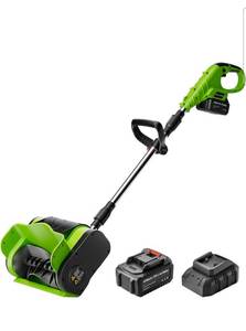 lot 15680 image: 12-Inch 20V Cordless Electric Snow Shovel - 16ft Throwing Distance, Battery Snow Blower for Driveway, Sidewalk, Walkway, Deck & Patio (20V 4Ah Battery & Quick Charger Included) - Retail $99