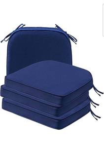 lot 15685 image: Round Corner Seat Cushions, 17 x 16 x 2, Set of 4, Indoor Outdoor Water Repellent Universal Chair Pads with Ties for Patio Furniture, Garden Deck Dining Chairs, Navy - Retail $75