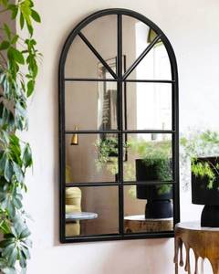 lot 15688 image: OGCAU Arched Wall Mounted Mirror, 24x42 Farmhouse Window Mirror with Iron Frame, Wall Decor for Bedroom, Entryway, Living Room (Black) - Retail $69