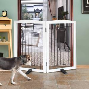 lot 15690 image: ZJSF Freestanding Dog Fence Indoor, Foldable Dog Gate for Doorways, Stairs or Hallways, Sturdy Wood Extra Wide Pet Gate with Support Feet for The House, White, 32 Height-2 Panels - Retail $69