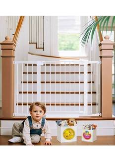 lot 15691 image: Cumbor 29.7-48 Baby Gate for Stairs, Moms Choice Awards Winner-Dog Gates for Doorways, Auto Close Safety Pet Gate for Dogs Indoor, Easy Install Pressure Mounted Child Gate with Walk Thru Door, White - Retail $95