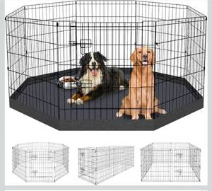 lot 15692 image: Dog Pen Pet Playpen Dog Fence Indoor Foldable Metal Wire Exercise Puppy Play Yard Pet Enclosure Indoor Outdoor 8 Panels 30 Inch with Bottom PadTop Cover - Retail $63