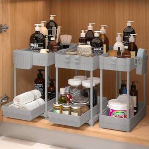 lot 15709 image: 3 Pack Under Sink Organizers, 2-Tier Multi-Use Kitchen and Bathroom Organizers and Storage with Sliding Drawers��Bathroom Cabinet Organizer (Gray, 12.8 Inch) - Retail $0