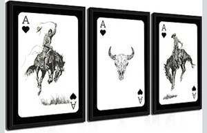 lot 15715 image: AKWISH Framed Western Cowboy Canvas Wall Art Set of 3 �� Playing Card Bull Skull Print Posters, Trendy Western Rodeo Riding Wall Decor, Rustic Cowboy Artwork for Living Room Bedroom Office �� 16x24in - Retail $69
