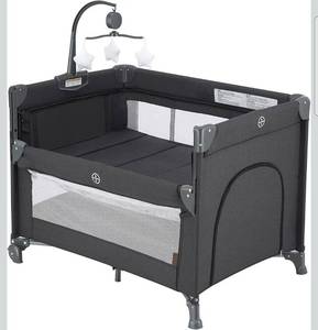 lot 15718 image: 2-in-1 Pack and Play with Mattress,Baby Bassinet Bedside Sleeper, Bedside Bassinet & Baby Playpen, Easy Folding Portable Crib for Newborn to Toddlers (Dark Grey) - Retail $159
