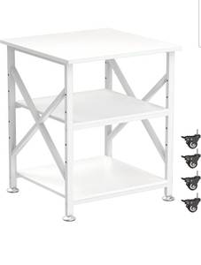 lot 15735 image: Printer Stand, 23.6 x 23.6 Inches Large Printer Stand with Adjustable Storage Shelf, 3 Tier Printer Table for Home Office, Rolling Printer Cart with Industrial Wheels, Mini Fridge Stand Table, White - Retail $95