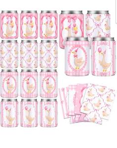 lot 15736 image: 24 Pcs One Silly Goose Party Favors One Silly Goose Party Decorations Bow Neoprene Can Coolers Sleeves Coquette Can Covers Insulated Beer for Birthday Supplies Wedding(Pink) - Retail $0