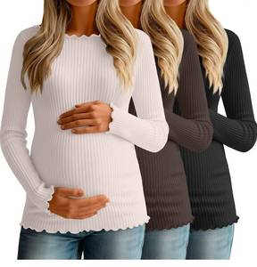 lot 15739 image: 3 Pack Womens Maternity Ribbed Shirts Cotton Long Sleeve Pregnancy Tees Boat Neck Basic Tops Knit Clothes,Size Small - Retail $44