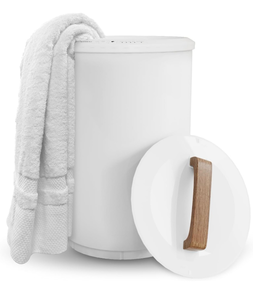 lot 15757 image: SAMEAT Heated Towel Warmers for Bathroom - Large Towel Warmer Bucket, Wood Handle, Auto Shut Off, Fits Up to Two 40X70 Oversized Towels, White - Retail $99