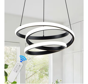 lot 15760 image: Mayful Modern Chandelier with Remote Control, 3-Color Dimmable LED Pendant Light Fixtures, Height Adjustable Kitchen Island Lighting for Dining Room,Bedroom,Living Room,Foyer,Office Black 13.78 inches - Retail $89