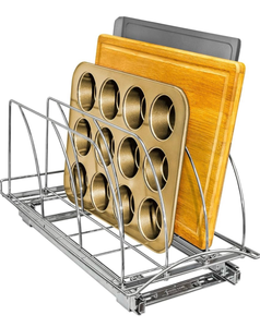 lot 15764 image: LYNK PROFESSIONAL� Pull Out Cutting Board, Baking Pan, and Cookie Sheet Organizer for Cabinet - Lifetime Ltd. Warranty - Slide Out Kitchen Cabinet Organizers �� 10�� x 21�� Deep �� Pull Out Drawer, Chrome - Retail $69