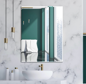 lot 15765 image: Ruomeng Wall Mirror Beveled Edge Frameless Mirror 24�� x 32 Wall Mounted Mirror for Bathroom Vanity and Entryway - Retail $59