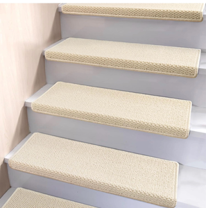 lot 15768 image: Bullnose Carpet Stair Treads, Stair Treads for Wooden Steps Indoor Runner and Pets, Non Slip Soft Edging Staircase Protectors, Washable, 29.5x9.5x1.5 7pcs, Cream White - Retail $65