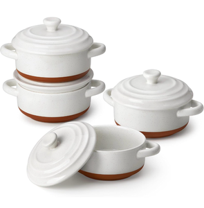 lot 15777 image: MALACASA Mini Cocotte Set - 12 OZ Small Casserole Dishes for Oven, Ramekins with Lids and Handles, Ceramic Mini Dutch Oven Set of 4, Microwave & Dishwasher Safe, Khaki White, Series TARA - Retail $45