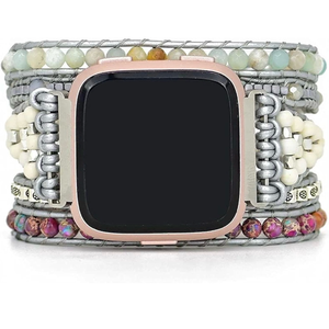 lot 15782 image: Compatible with Fitbit VersaVersa 2Versa LiteVersa SE Bands Boho Beads Bracelets,Multilayer 5 Wraps Chakra Leather Handmade Braided Stone Love Heart Floral Rope Watch Strap for Women Men - Retail $24