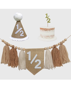 lot 15786 image: Boho Half Birthday Decorations for Baby Boy Neutral Byrlap 12 High Chair Banner with Cone Hat for 6 Months Half Birthday Outfit Half Way to One Decorations - Retail $0