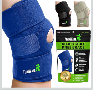 lot 15788 image: TechWare Pro Knee Brace Support - Knee Braces for Knee Pain. Relieves ACL, LCL, MCL, Meniscus Tear, Arthritis, Tendonitis Pain. Dual Stabilizers Non Slip Neoprene. Adjustable Bi-Directional Straps, Large - Retail $0
