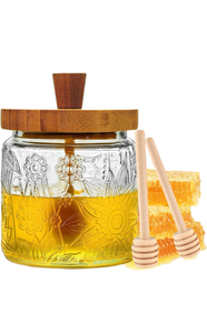 lot 15789 image: Honey Jar with Dipper and Lid, 18oz Airtight Glass Honey Pot, Honey Dispenser Holder with 2 Dippers Sticks Set, Honey Container for Kitchen, Home, Storage, Counter Decor - Retail $0
