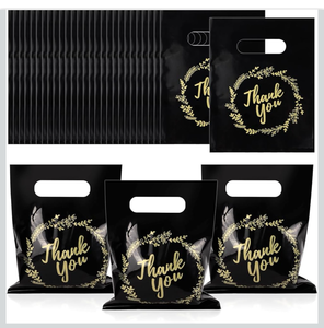 lot 15802 image: BadenBach 100 Pack Small Thank You Bags, 8 x 6, Black Plastic Small Shopping Cute Bulk Retail Thank You Bags for Business Boutique Wedding Birthday Baby Shower Festival - Retail $0