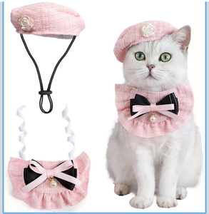 lot 15804 image: HOWWFALY 2PCS Cat Beret Hat with Small Camellia, Adjustable Satin Bowtie Bandana Scarf Set Pet Princess Costume for Halloween Christmas, Cat Dog Birthday Party Apparel (Pink Bow) - Retail $0