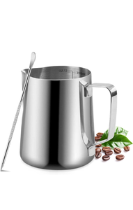 lot 15806 image: Milk Frothing Pitcher, 350ml12oz Milk Frother Cup Stainless Steel Jug Steaming Pitcher, Milk Coffee Cappuccino Latte Art Barista Steam Pitchers Milk Jug Cup with Decorating Pen - Retail $0