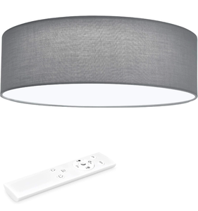 lot 15810 image: Navaris Flush Mount Ceiling Light - 15.75 Diameter Drum Lamp Shade LED Fixture with Remote Control for Bedroom, Living Room, Kitchen - Light Gray - Retail $49