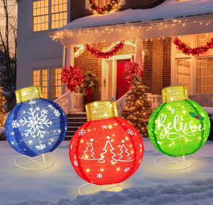 lot 15811 image: Leinuosen 3 Pcs Large Outdoor Christmas Ornaments with Warm White LED Lights Xmas Lighted Pop-up Ornaments of Merry Christmas Snowflake Believe for Holiday Yard Garden Lawn Porch Living Room - Retail $99