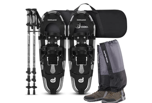 lot 15812 image: Odoland 30 Inch Snowshoes with Trekking Poles for Men Women Youth, Waterproof Snow Leg Gaiters and Carrying Bag, Lightweight Aluminum, Heel Lift, Snow Shoes Easy to Wear - Retail $119