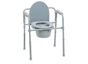 lot 15813 image: Drive Medical Folding Steel Bedside Commode Chair - Portable 3-in-1 Toilet Solution - Adjustable Height - 7.5 Qt Bucket Included - Durable Powder-Coated Steel Frame - Supports Up To 350 Lb - Retail $35